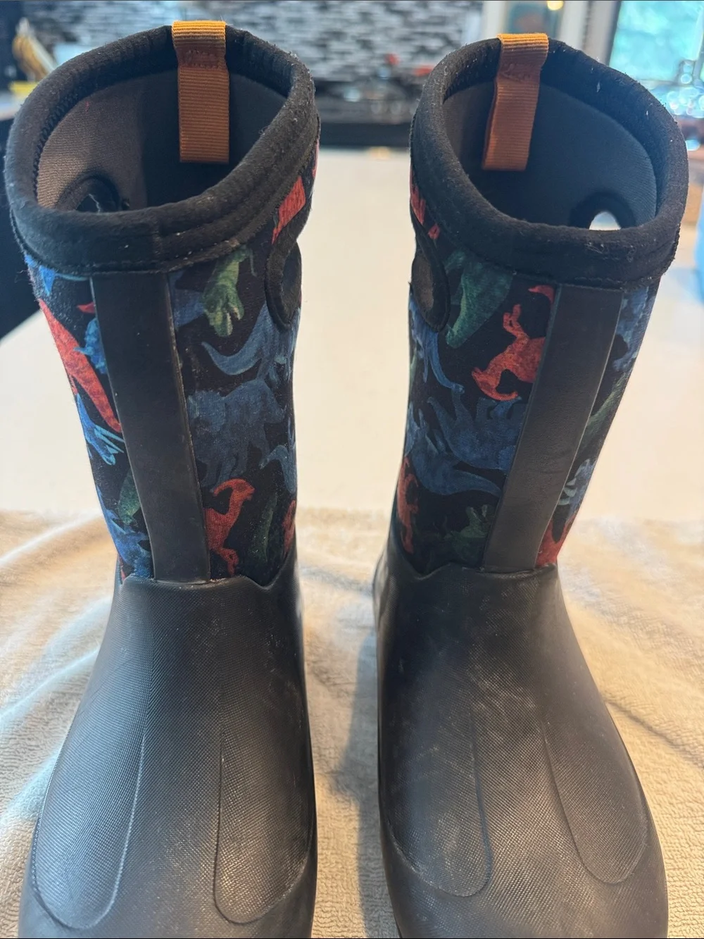 Bogs Kids Black Rain Boots with Red, Blue & Green Dinosaurs
